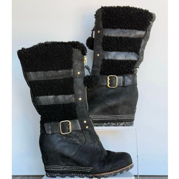 Sorel Helen Holiday Wedge Zip Front Black Leather Sheepskin Tall Boot Womens 7.5 - Picture 3 of 11